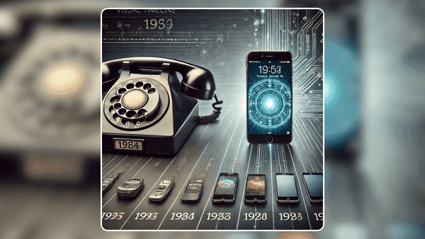 Linha do tempo visual mostrando um telefone de disco ao lado de um smartphone moderno.