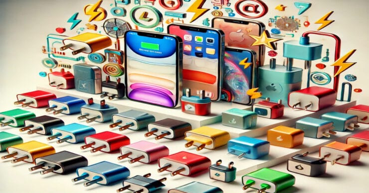 Imagem colorida e divertida de carregadores para iPhone exibidos de forma criativa com elementos de tecnologia moderna, como raios e símbolos de energia, sobre um fundo branco.