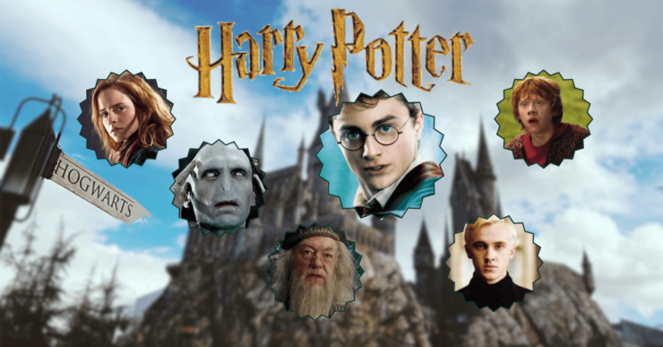 Montagem com Harry Potter personagens e Hogwarts ao fundo.
