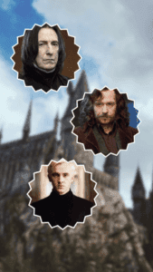 Montagem com Snapes, Sirius e Draco, de Harry Potter personagens, com Hogwarts ao fundo.