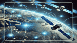 Satélites da internet Starlink, mais segura contra hackers, interconectados por feixes de luz azul, com o planeta Terra ao fundo.