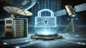 Um servidor digital conectado a uma antena Starlink no solo, com feixes de dados criptografados fluindo em direção ao satélite. Um cadeado holográfico aparece sobre os sinais, simbolizando a internet mais segura contra hackers.