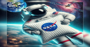 Imagem de um astronauta flutuando no espaço, com um travesseiro destacando o selo "Tecnologia NASA"