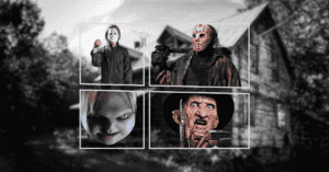Montagem com personagens de filme de terror, com uma casa mal assombrada ao fundo