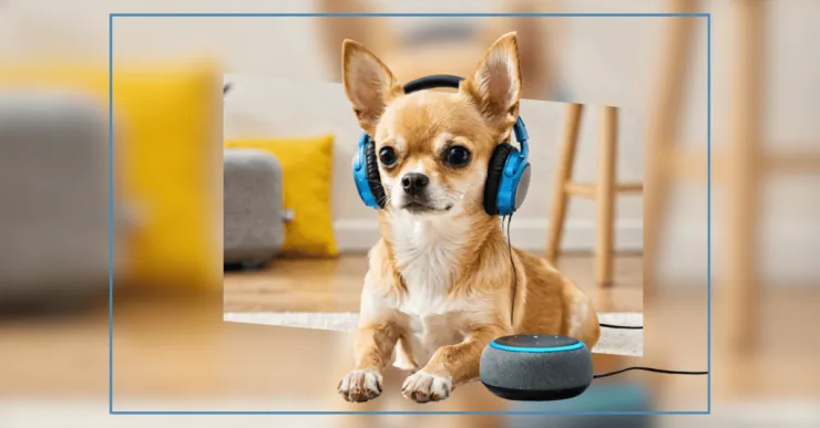Um Chihuahua fofo usando um fone de ouvido e um Alex, ilustrando o que é um Gadget.