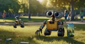 Simpáticos Robôs de reciclagem catando lixo em um parque.