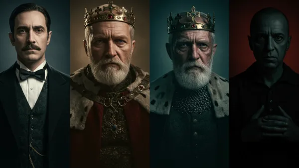 Um mosaico composto por quatro fotos de Hopkins em diferentes filmes: Hannibal Lecter, o mordomo de Vestígios do Dia, o rei em O Leão no Inverno, e o personagem de Meu Pai.