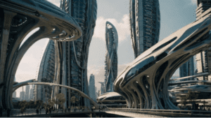 Ilustração de uma cidade futurística com arquitetura biomórfica, gerada com Leonardo.AI.