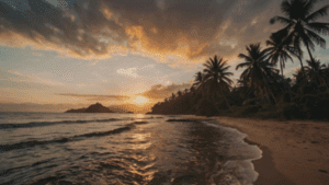 Paisagem tropical ao pôr do sol, gerado com Leonardo.AI.