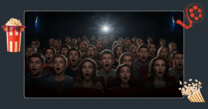 Uma sala de cinema lotada onde todos os espectadores estão com expressões de surpresa ou choque, representando bem o que é um plot twist.