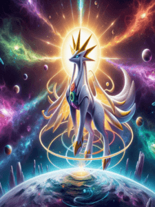 Arceus em posição elevada com um halo dourado, flutuando sobre um cosmos primordial com galáxias nascentes e raios multicoloridos emanando do seu corpo representando todos os pokemons lendarios