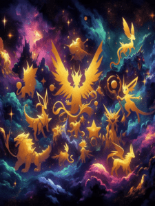 Cenário cósmico com silhuetas douradas de diversos Pokémon lendários entre estrelas e nebulosas coloridas, criando uma atmosfera mística e imponente, estilo ilustração digital.