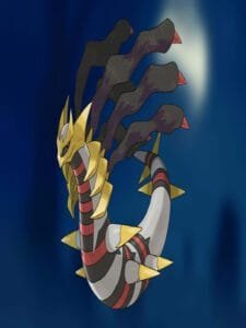 Giratina em sua forma origem flutuando no Mundo Distorcido com gravidade alterada, estruturas que desafiam a física e sombras inquietas se movendo pelo cenário misterioso, estilo dark fantasy art.
