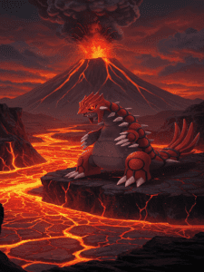 Groudon sobre um terreno vulcânico com rios de lava, formando rachaduras no solo enquanto erupta um vulcão ao fundo, com o céu vermelho devido ao calor extremo e cinzas, estilo arte dramática digital.
