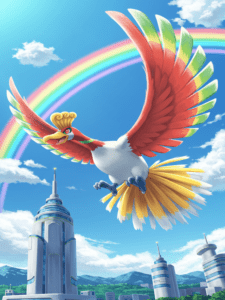 Ho-Oh voando majestosamente sob um céu claro, com suas penas multicoloridas criando um arco-íris atrás dele, enquanto sobrevoa as torres gêmeas de Ecruteak City, estilo arte luminosa e vibrante.