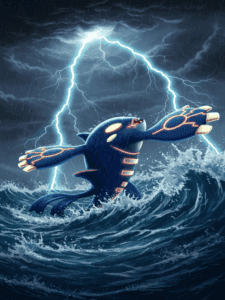 Kyogre emergindo de um oceano tempestuoso durante uma forte tempestade, com ondas gigantes ao seu redor e relâmpagos cortando o céu escuro, realçando suas marcas brilhantes, estilo ilustração dinâmica.