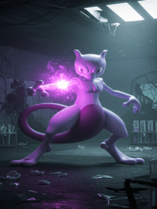 Mewtwo em posição de ataque com energia psíquica roxa brilhante emanando de seu corpo e olhos, em um laboratório parcialmente destruído com tubos de ensaio quebrados, estilo realista com iluminação dramática.
