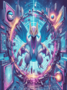 Palkia em um cenário de realidade fragmentada com portais dimensionais se abrindo, mostrando diferentes realidades enquanto o Pokémon manipula a estrutura espacial com suas garras brilhantes, estilo ilustração sci-fi.