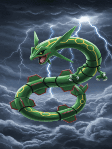 Rayquaza serpenteia majestosamente através de nuvens tempestuosas no alto da atmosfera, com seu corpo verde brilhante contrastando com o céu escuro e raios ao fundo, estilo arte digital detalhada.