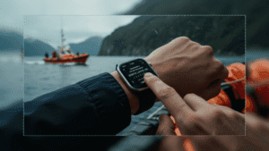 Pessoa em emergência usa um tradutor de código Morse no smartwatch para enviar SOS. Ao fundo, um cenário de resgate reforça a importância do código Morse.