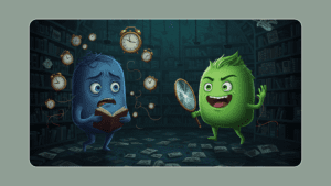 Emoções Ansiedade e Inveja de Divertida Mente 2 em biblioteca mental abstrata.