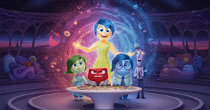 As Emoções de Divertida Mente reunidas na sala de comando, com a Alegria ao centro.