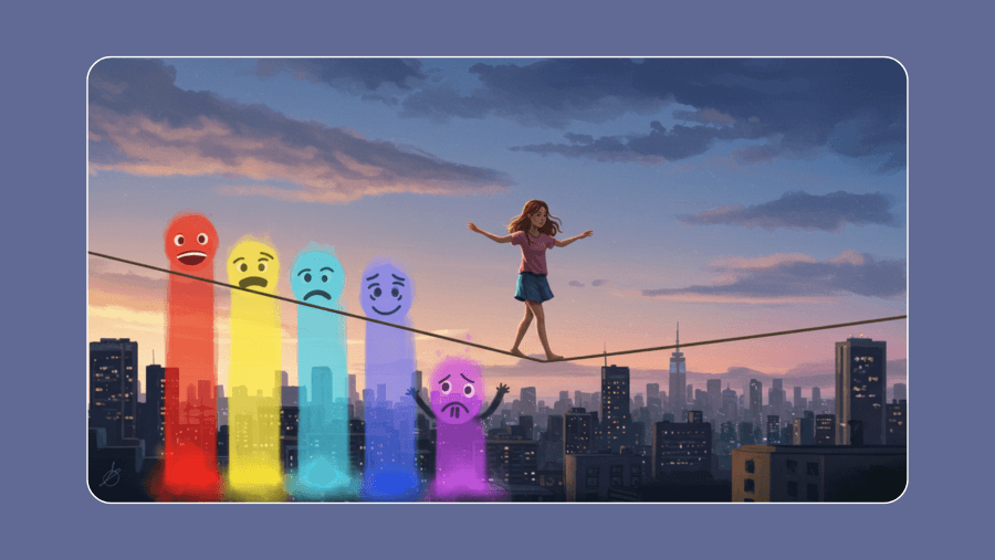 Adolescente equilibrando emoções que representam a harmonia em Divertida Mente.