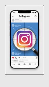 Uma tela de smartphone mostrando o ícone do Instagram com um símbolo de lupa ampliando o perfil, com elementos gráficos sugerindo rastreamento e monitoramento.