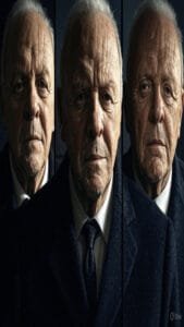 Composição artística mostrando Anthony Hopkins em diferentes idades ao longo de sua carreira, com imagens em formato de película cinematográfica.