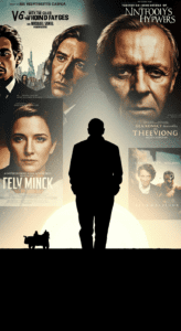 Silhueta de Anthony Hopkins caminhando em direção ao horizonte com pôster de seus filmes mais icônicos ao fundo, simbolizando seu legado duradouro no cinema.