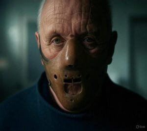 Close-up dos olhos intensos de Anthony Hopkins como Hannibal Lecter, mostrando sua máscara facial parcialmente, com iluminação sombria e inquietante.