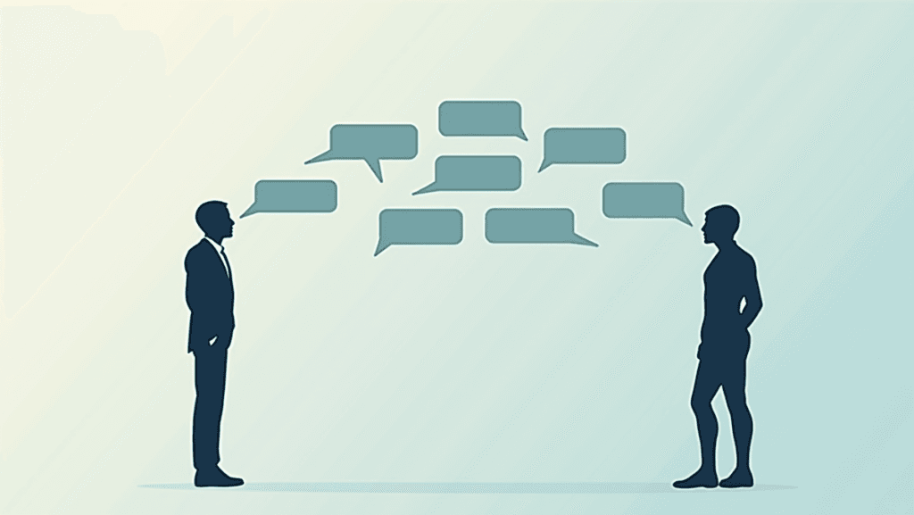 Representação visual minimalista de uma conversa entre humano e IA. À esquerda, silhueta humana emitindo bolhas de texto organizadas e estruturadas (representando prompts bem formulados) que se transformam em respostas claras e organizadas do lado direito, onde há uma silhueta de um robô ou entidade tecnológica.