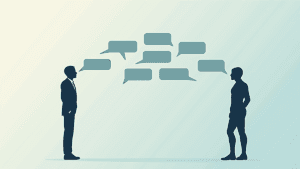 Representação visual minimalista de uma conversa entre humano e IA. À esquerda, silhueta humana emitindo bolhas de texto organizadas e estruturadas (representando prompts bem formulados) que se transformam em respostas claras e organizadas do lado direito, onde há uma silhueta de um robô ou entidade tecnológica.