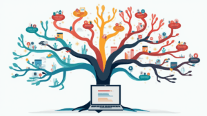 "Ilustração moderna mostrando um grande mapa mental ou árvore de decisão com diferentes caminhos coloridos, cada um representando um tipo diferente de prompt do chatgpt.