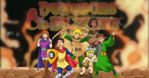 Ilustração detalhada dos seis personagens principais de Caverna do Dragão em pose heróica, com suas armas mágicas brilhando, e ao fundo a imagem de abertura do desenho.