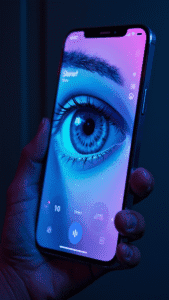 Smartphone exibindo um Instagram Story com um olho misterioso espiando pela tela, com elementos gráficos de lupa e ícones de visualização, em tons de azul e roxo.