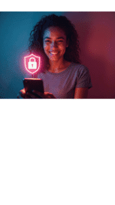 Pessoa com expressão de alívio e confiança segurando smartphone com ícone de escudo de segurança do Instagram iluminado, em cores vibrantes e inspiradoras.