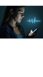 Pessoa com expressão preocupada olhando para o celular com sombras projetadas no rosto e gráfico de ondas cerebrais sobreposto, simbolizando ansiedade.