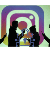 Pessoas segurando um telefone configurando opções de privacidade do Instagram, com ícones de cadeado e escudo aparecendo na interface.