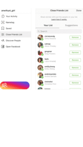 Interface do Instagram mostrando a configuração de "Melhores Amigos" com uma estrela verde e uma lupa sobre um nome específico na lista.