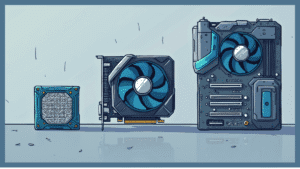 Ilustração detalhada e limpa mostrando três dispositivos lado a lado: um processador CPU, uma placa de vídeo GPU e um minerador ASIC, com destaque para diferenças de tamanho e potência, em um fundo tecnológico minimalista, e