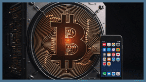 Comparação de escala: um grande e potente minerador ASIC de Bitcoin ocupa a maior parte da imagem, enquanto um smartphone moderno parece minúsculo e insignificante ao lado dele. Ambos podem ter um leve brilho na tela, mas o do ASIC é muito mais intenso. Foco na disparidade de tamanho e poder.
