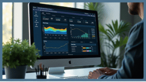 Imagem de uma tela de computador exibindo a interface web de configuração de um minerador ASIC, com gráficos de hash rate, temperatura, e status da mineração, em um ambiente de escritório moderno, com luz natural suave.