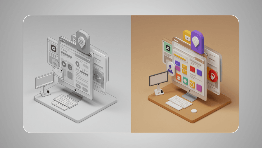 Transformação visual de um site web de monocromático para colorido, apresentando antes e depois lado a lado, destaque para elementos de interface de usuário ganhando vida com cores, estilo 3D isométrico, ambiente de desenvolvimento futurista.