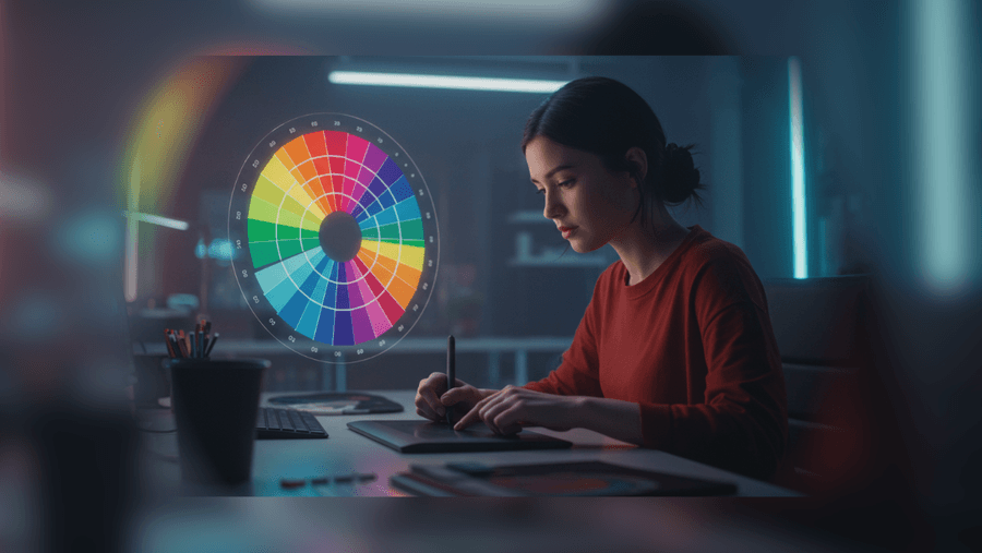 Artista digital usando ferramentas de seleção de cores em um tablet gráfico, círculo cromático digital flutuando acima da mesa de trabalho, estúdio moderno com iluminação colorida, perspectiva imersiva, estilo fotográfico cinematográfico.