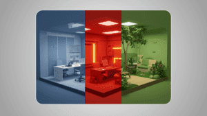 Ambientes divididos mostrando diferentes atmosferas emocionais criadas por esquemas de cores contrastantes: azul corporativo transmitindo confiança, vermelho energético transmitindo urgência, verde relaxante transmitindo natureza, estilo de renderização 3D realista.