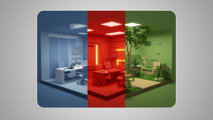 Ambientes divididos mostrando diferentes atmosferas emocionais criadas por esquemas de cores contrastantes: azul corporativo transmitindo confiança, vermelho energético transmitindo urgência, verde relaxante transmitindo natureza, estilo de renderização 3D realista.