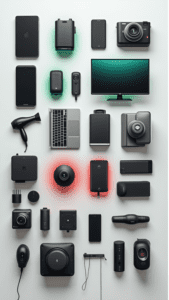 Grid organizado de diferentes aparelhos eletrônicos modernos (smartphone, laptop, smartTV, câmera, secador de cabelo portátil, carregador sem fio), com uma suave aura verde ao redor dos que tipicamente são bivolt e aura vermelha ao redor de grandes eletrodomésticos que normalmente não são.