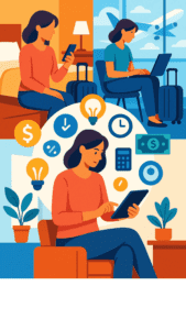 Montagem conceitual de uma pessoa viajando com mala, usando aparelhos eletrônicos em diferentes ambientes (quarto de hotel, aeroporto, casa), com pequenos ícones de economia e praticidade flutuando, estilo ilustração moderna com cores vibrantes.