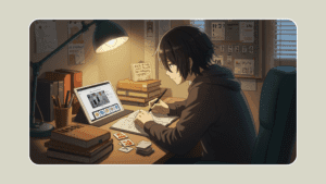 Um jovem otaku estudando japonês em uma mesa organizada, com livros, flashcards, tablet mostrando aplicativos de aprendizado, e um quadro de metas motivacionais ao fundo.
